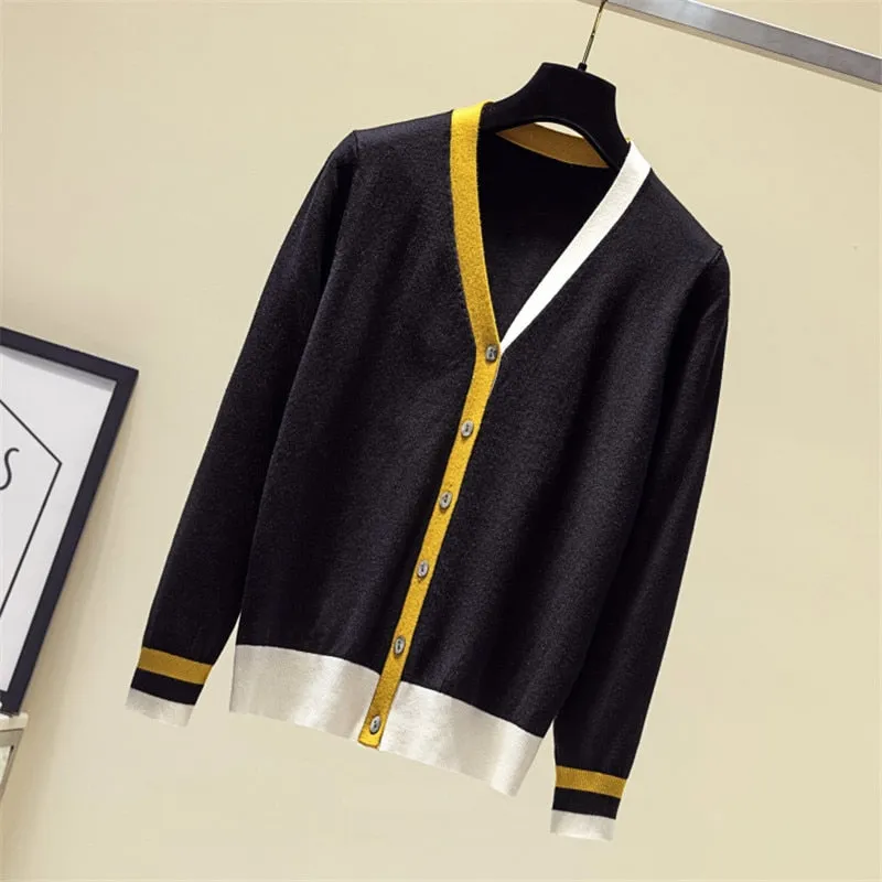 Patchwork Cardigan Knit Cashmere Sweater Women