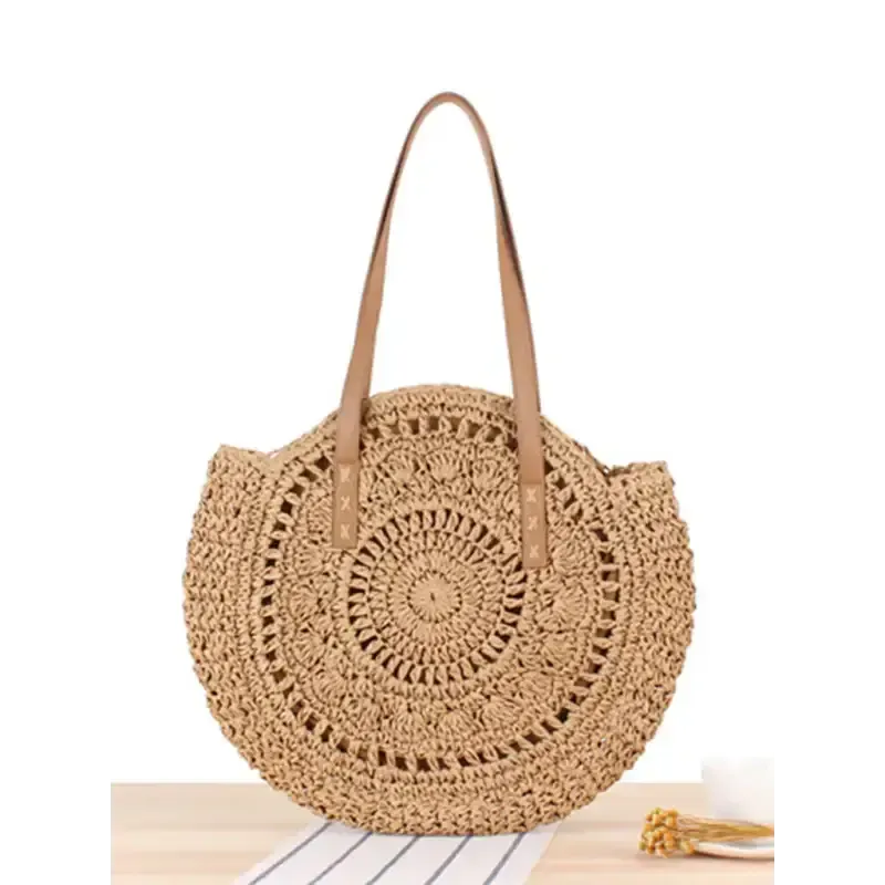 Round shoulder straw woven bag woven bag beach bag fashion women’s bag