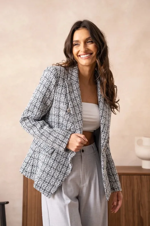 Slim Tweed Blazer Jacket With Silver Buttons Light Grey