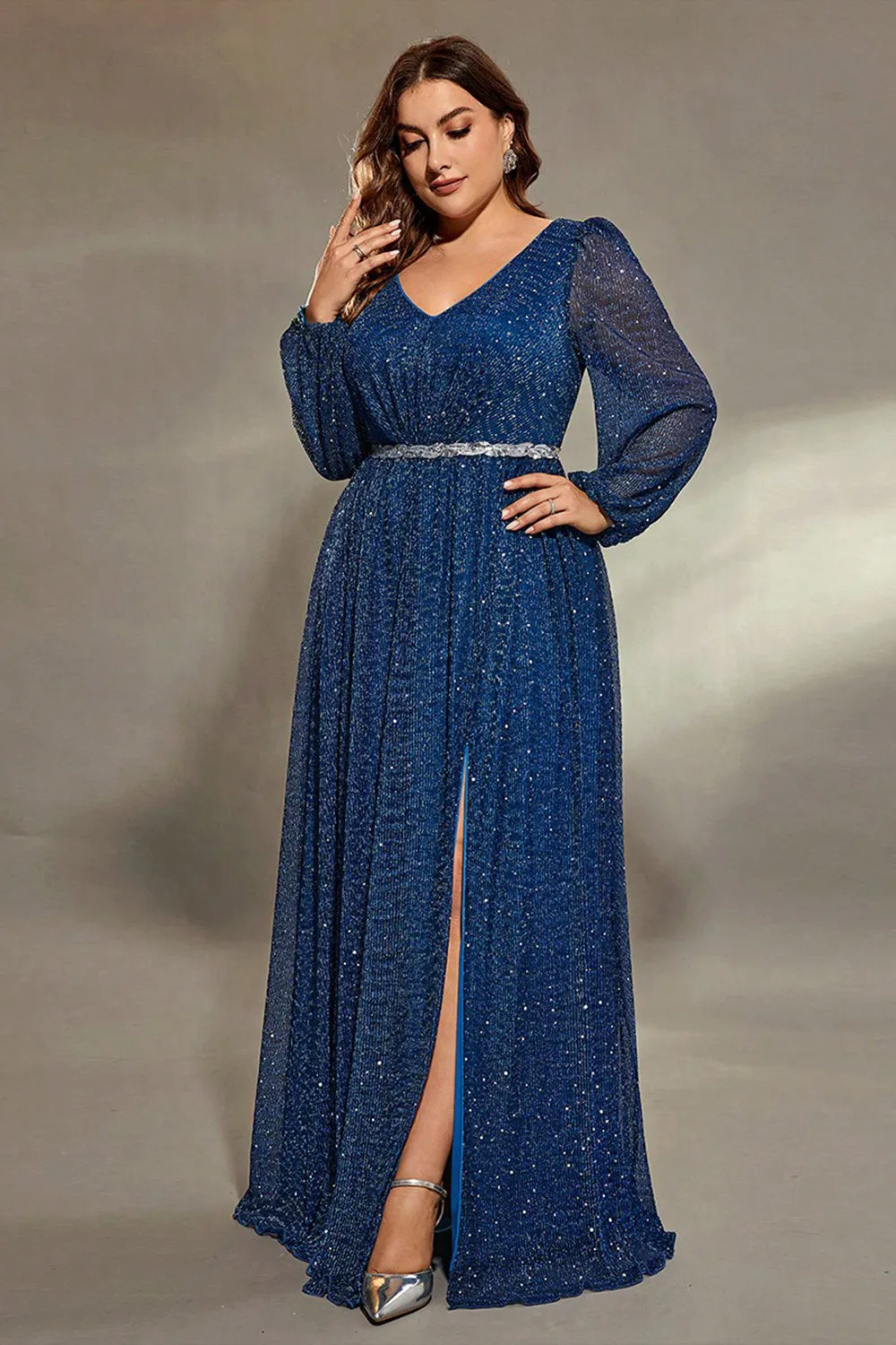 Sparkly Royal Blue V Neck Lantern Sleeves Sash Maxi Dress with Slit