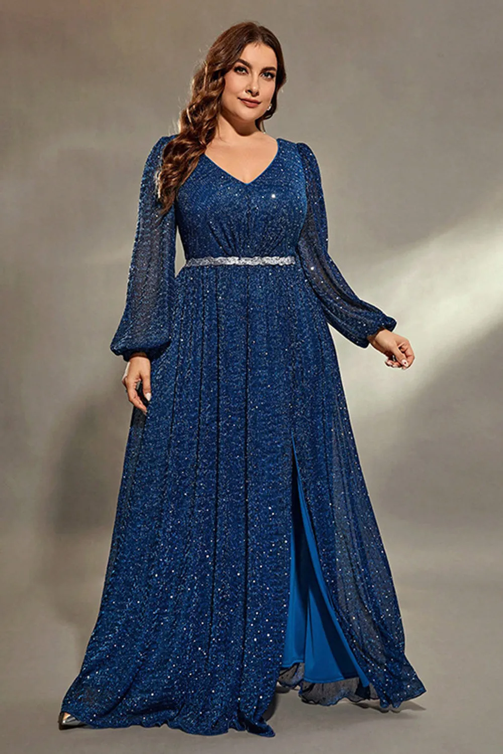 Sparkly Royal Blue V Neck Lantern Sleeves Sash Maxi Dress with Slit