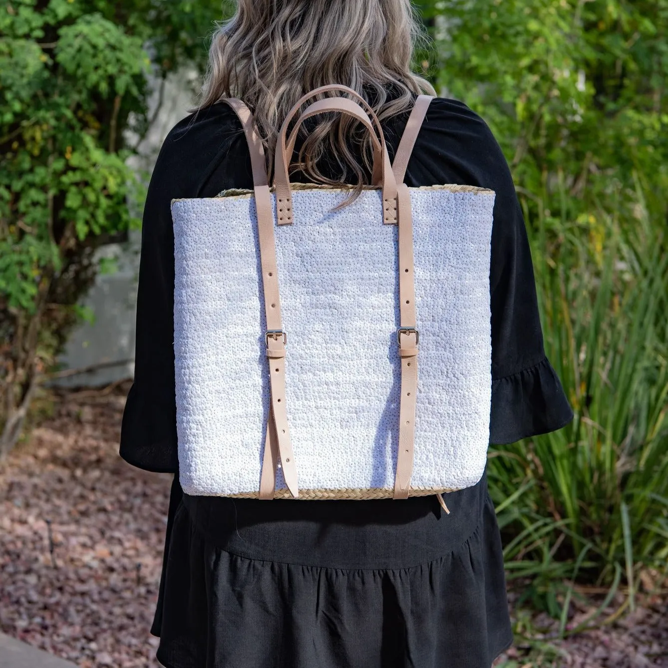 Straw Backpack with White Sequins