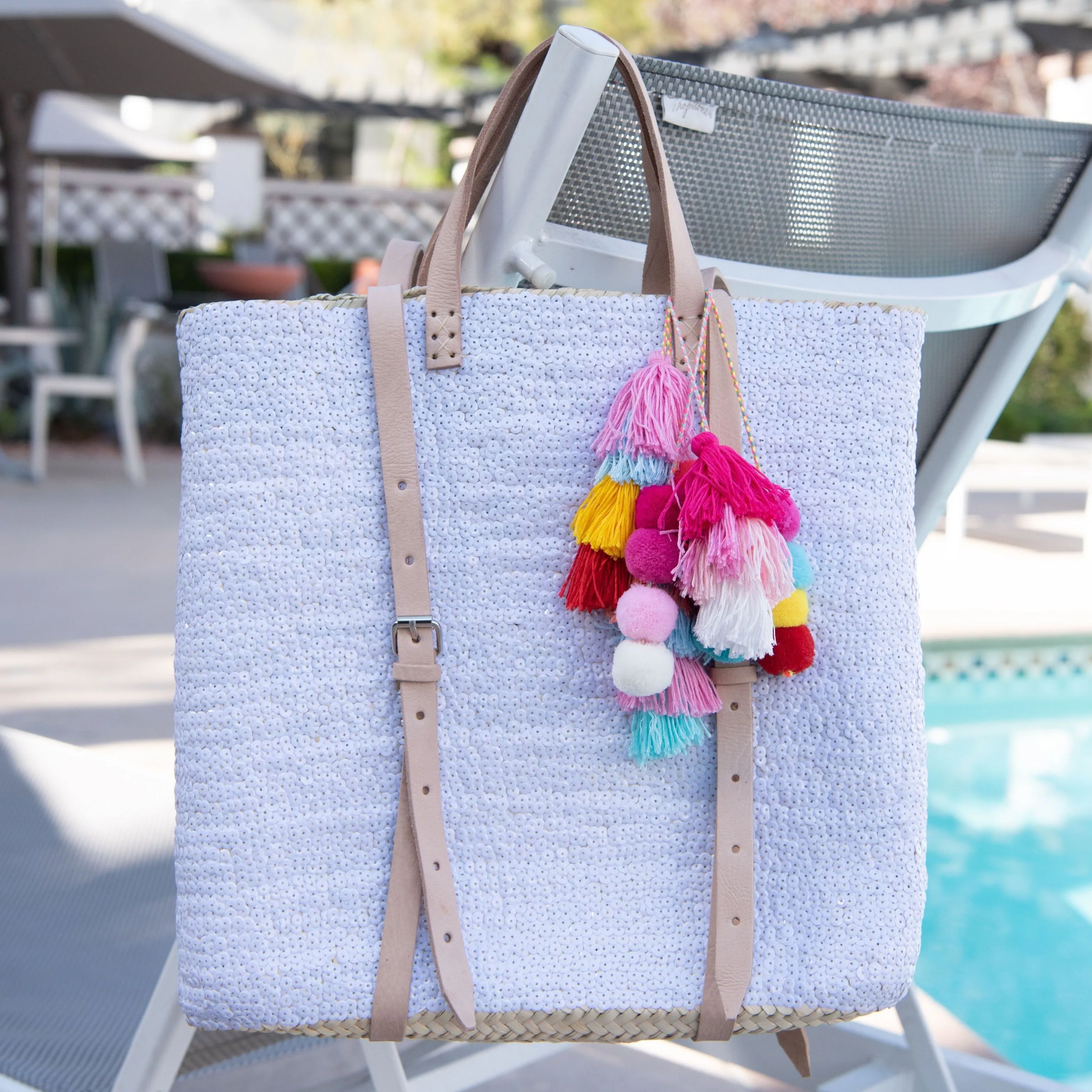 Straw Backpack with White Sequins