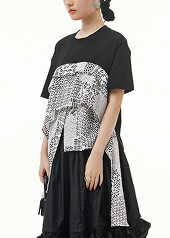 Stylish Black O-Neck Asymmetrical Print Tops Summer LY1210