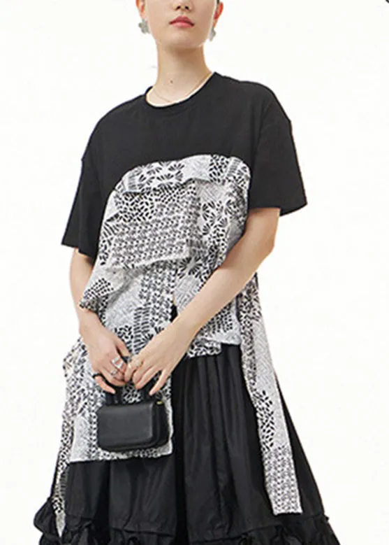 Stylish Black O-Neck Asymmetrical Print Tops Summer LY1210