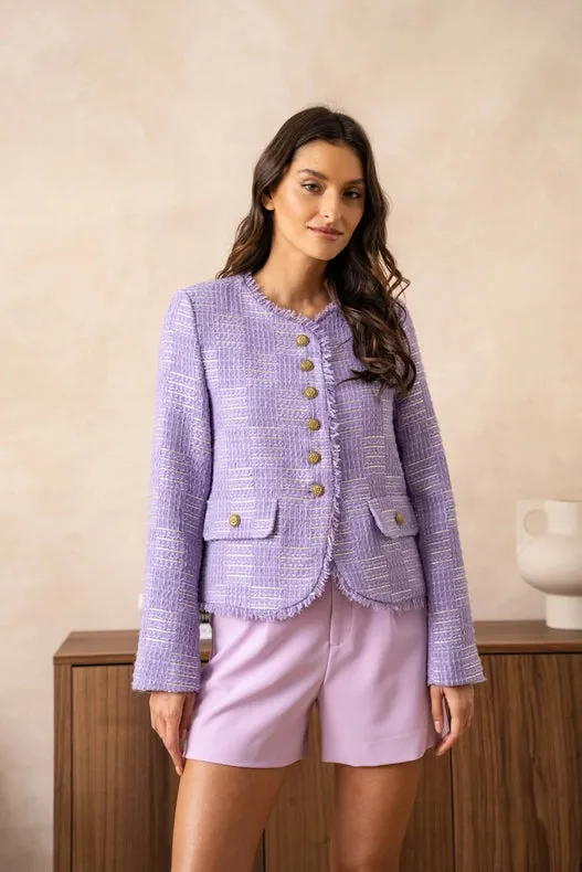 Tweed Blazer Jacket With Fringes And Gold Stripes Lilac