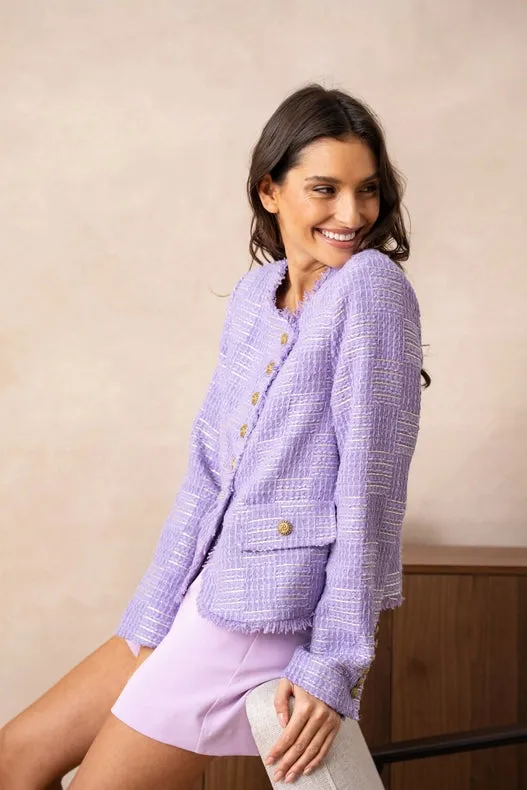 Tweed Blazer Jacket With Fringes And Gold Stripes Lilac