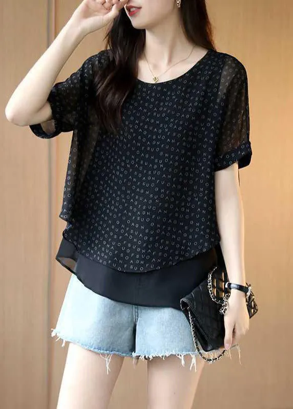 Unique Black O-Neck layered design Letter Print Chiffon Tops Short Sleeve