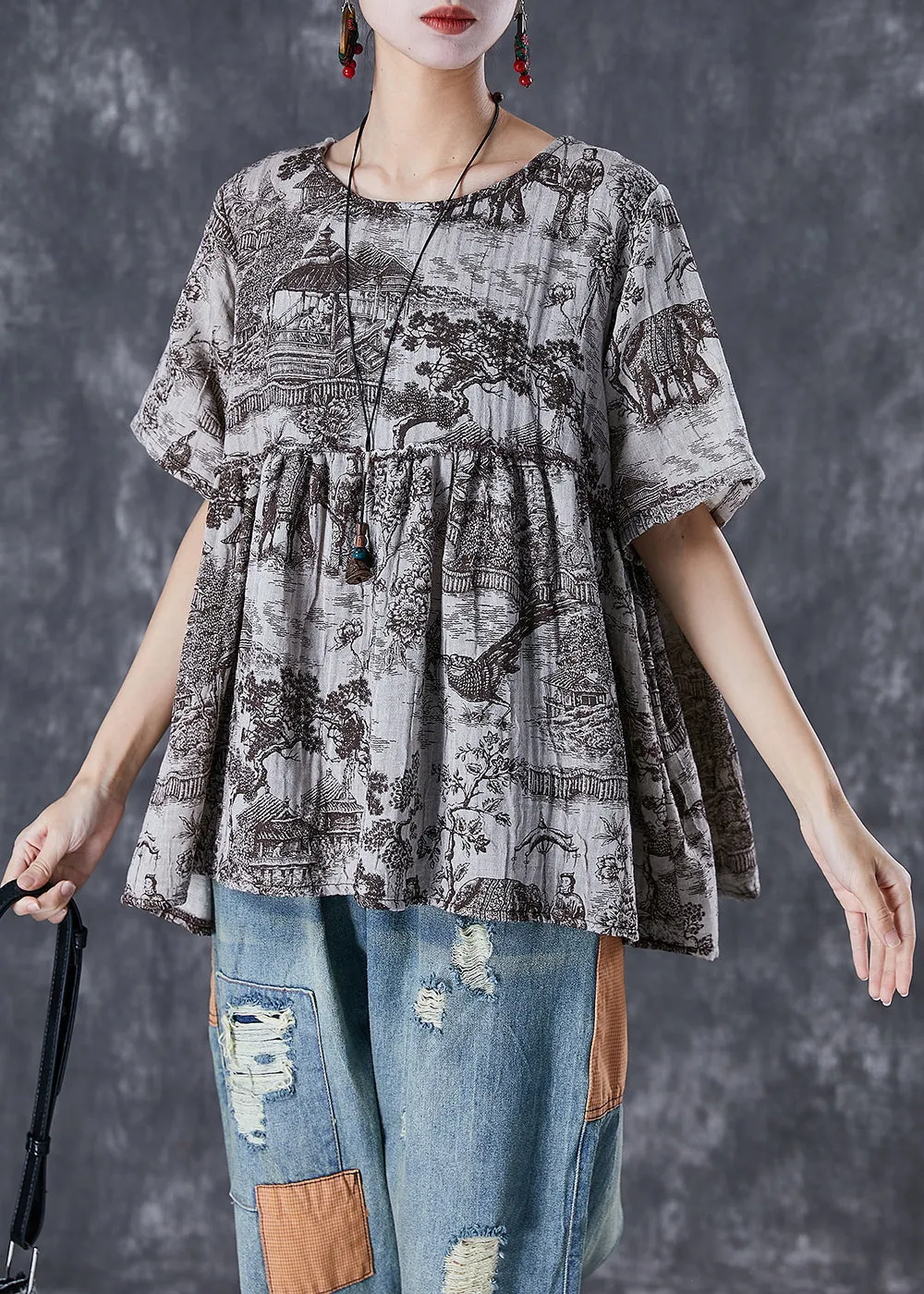 Vintage Oversized Inkwash Painting Print Linen Shirt Tops Summer TD1056