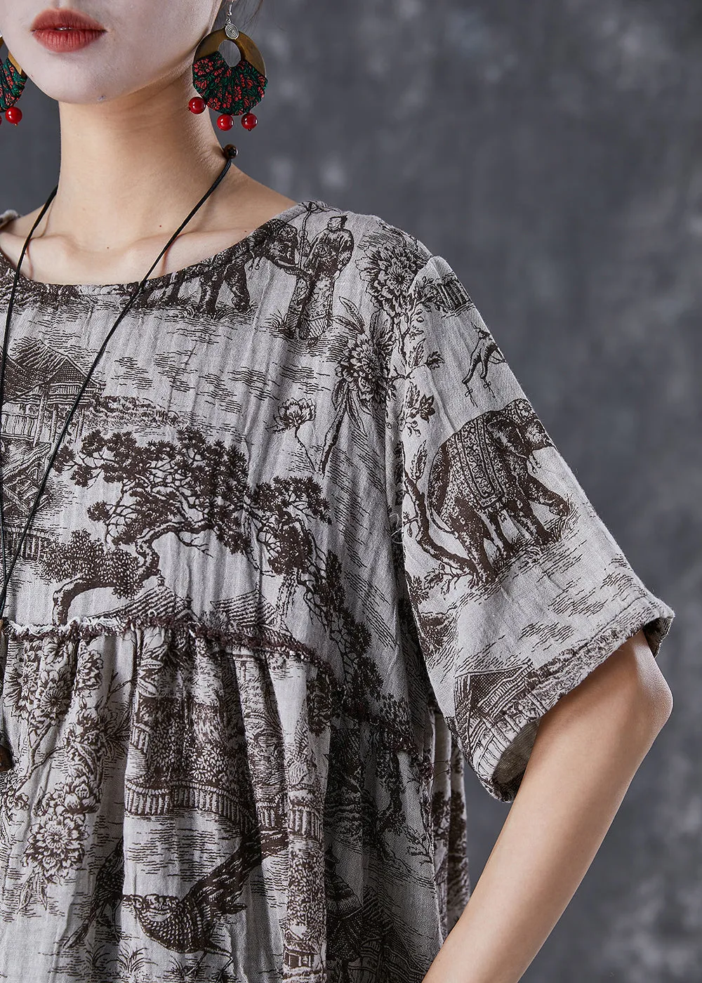 Vintage Oversized Inkwash Painting Print Linen Shirt Tops Summer TD1056