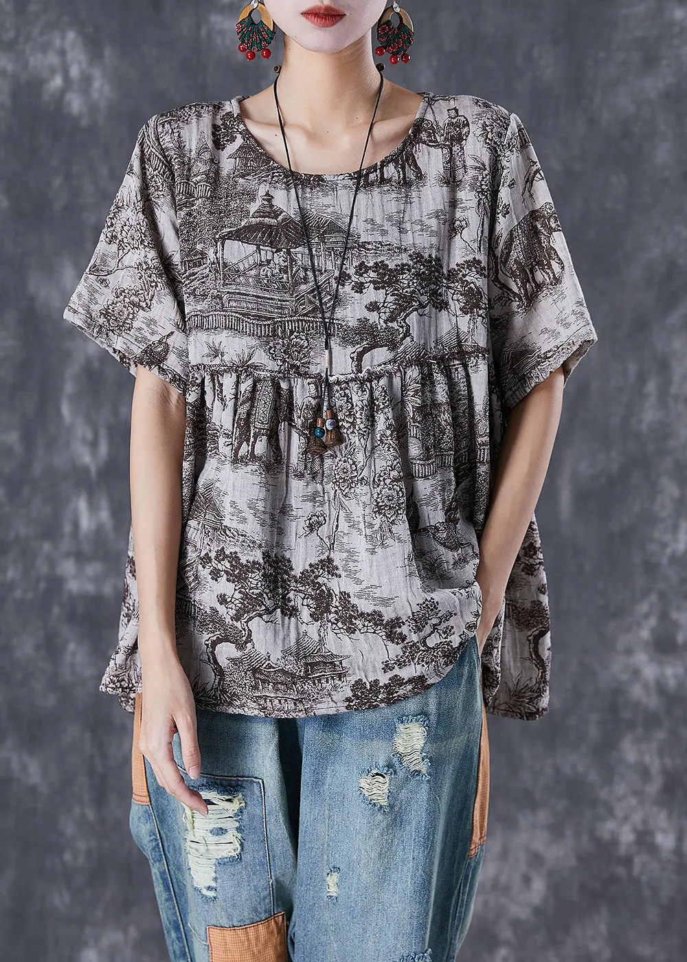 Vintage Oversized Inkwash Painting Print Linen Shirt Tops Summer TD1056