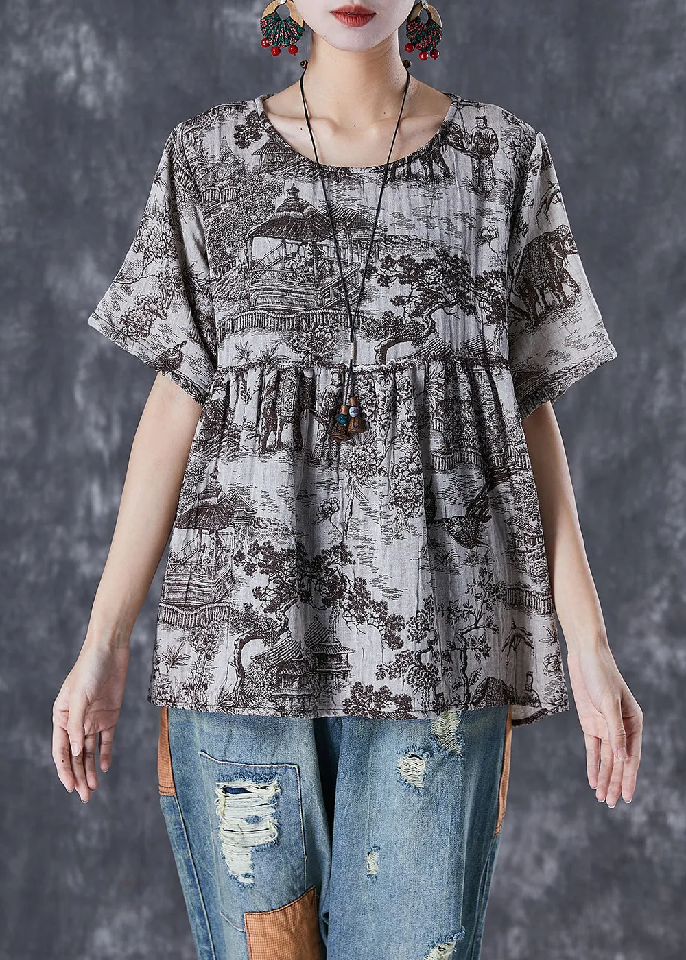 Vintage Oversized Inkwash Painting Print Linen Shirt Tops Summer TD1056