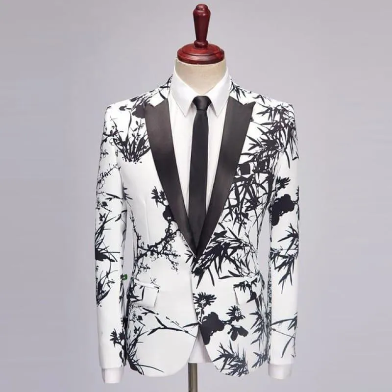 Vintage White Black Bamboo Print Blazer Tuxedo Blazer Jackets