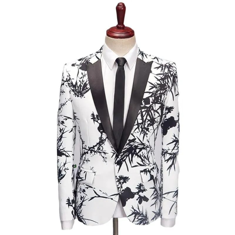 Vintage White Black Bamboo Print Blazer Tuxedo Blazer Jackets