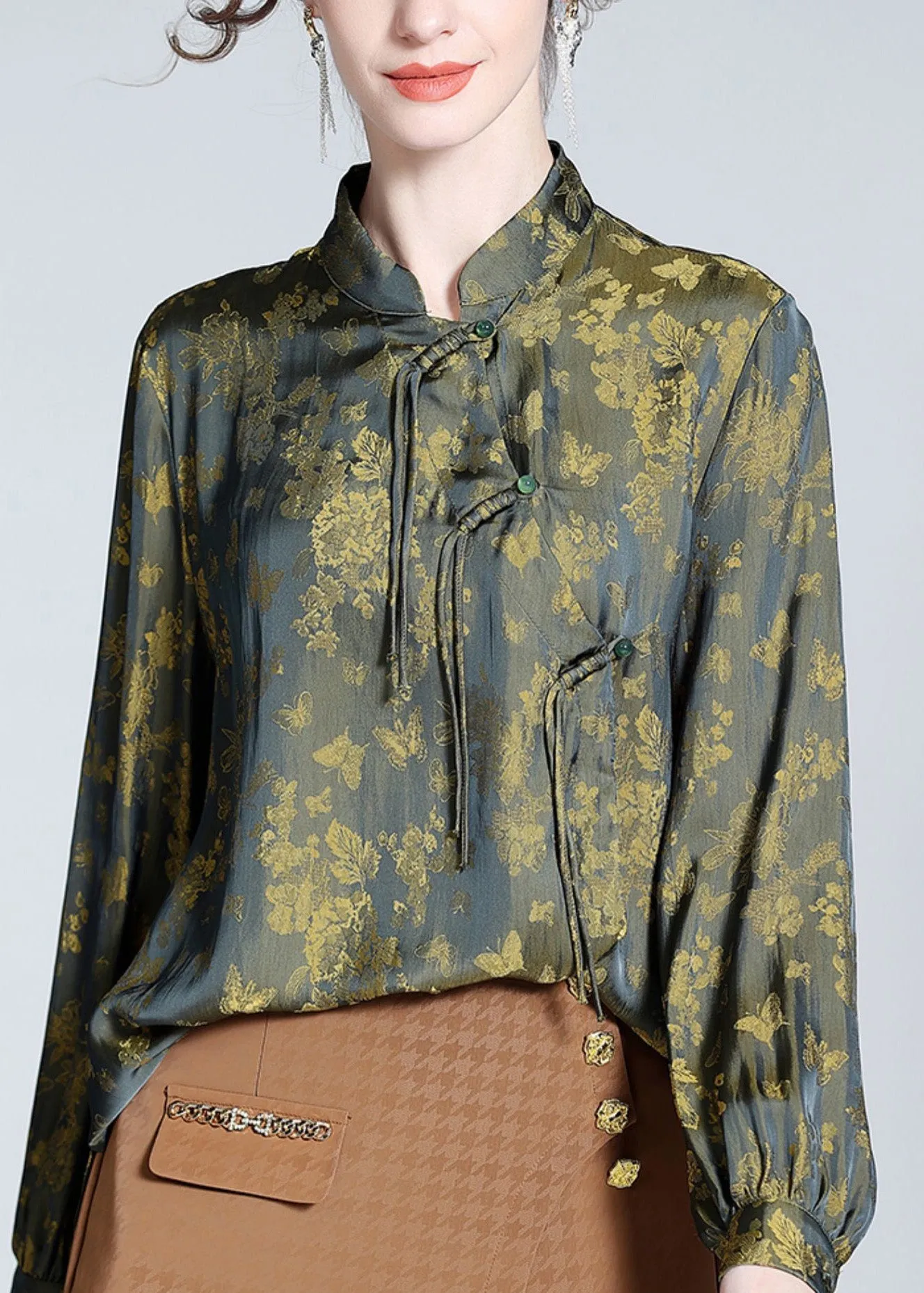 Vintage Yellow Green Print Button Silk Tops Long Sleeve LY0725