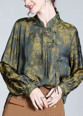 Vintage Yellow Green Print Button Silk Tops Long Sleeve LY0725