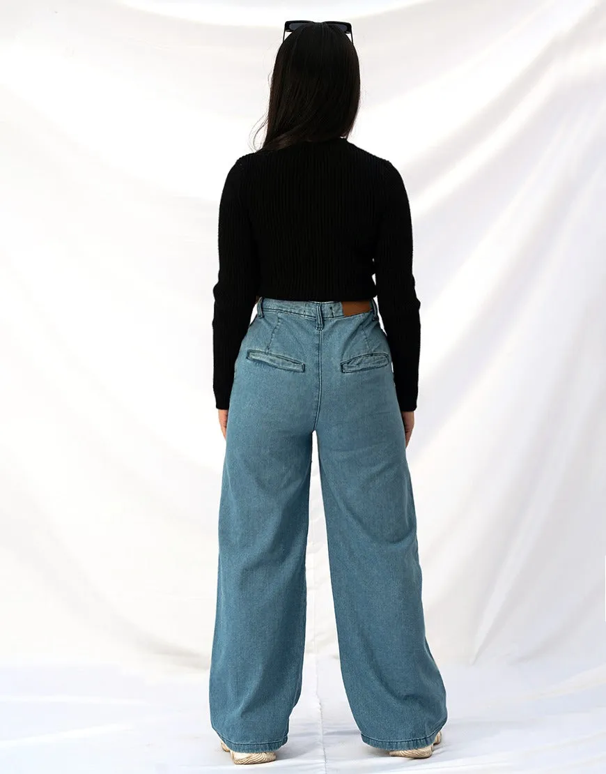 Wide Leg Pleated Jeans Stone Wash