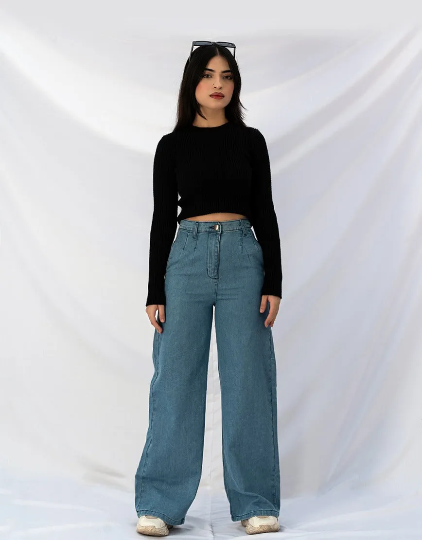 Wide Leg Pleated Jeans Stone Wash