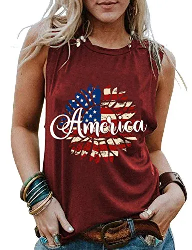 Women American Flag Sunflowers Patriotic Tank Top 4th of July Shirt