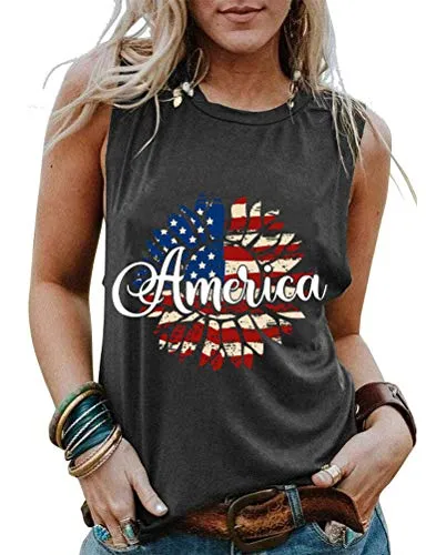 Women American Flag Sunflowers Patriotic Tank Top 4th of July Shirt