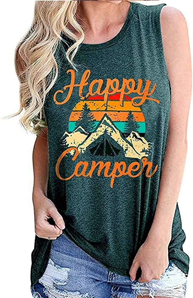 Women Happy Camper Tank Top Camping Tshirt