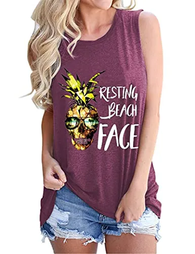 Women Resting Beach Face Shirt Women Pineapple Tank Tops