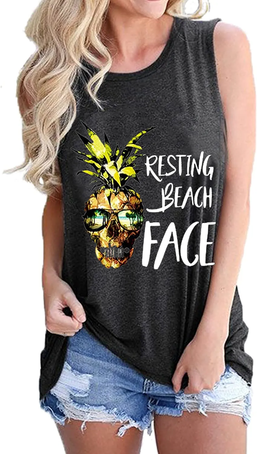 Women Resting Beach Face Shirt Women Pineapple Tank Tops