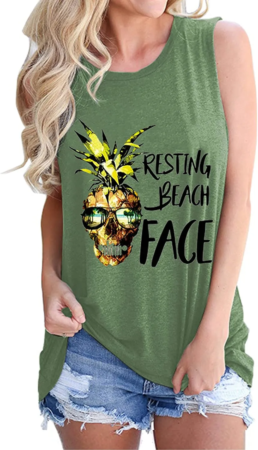 Women Resting Beach Face Shirt Women Pineapple Tank Tops