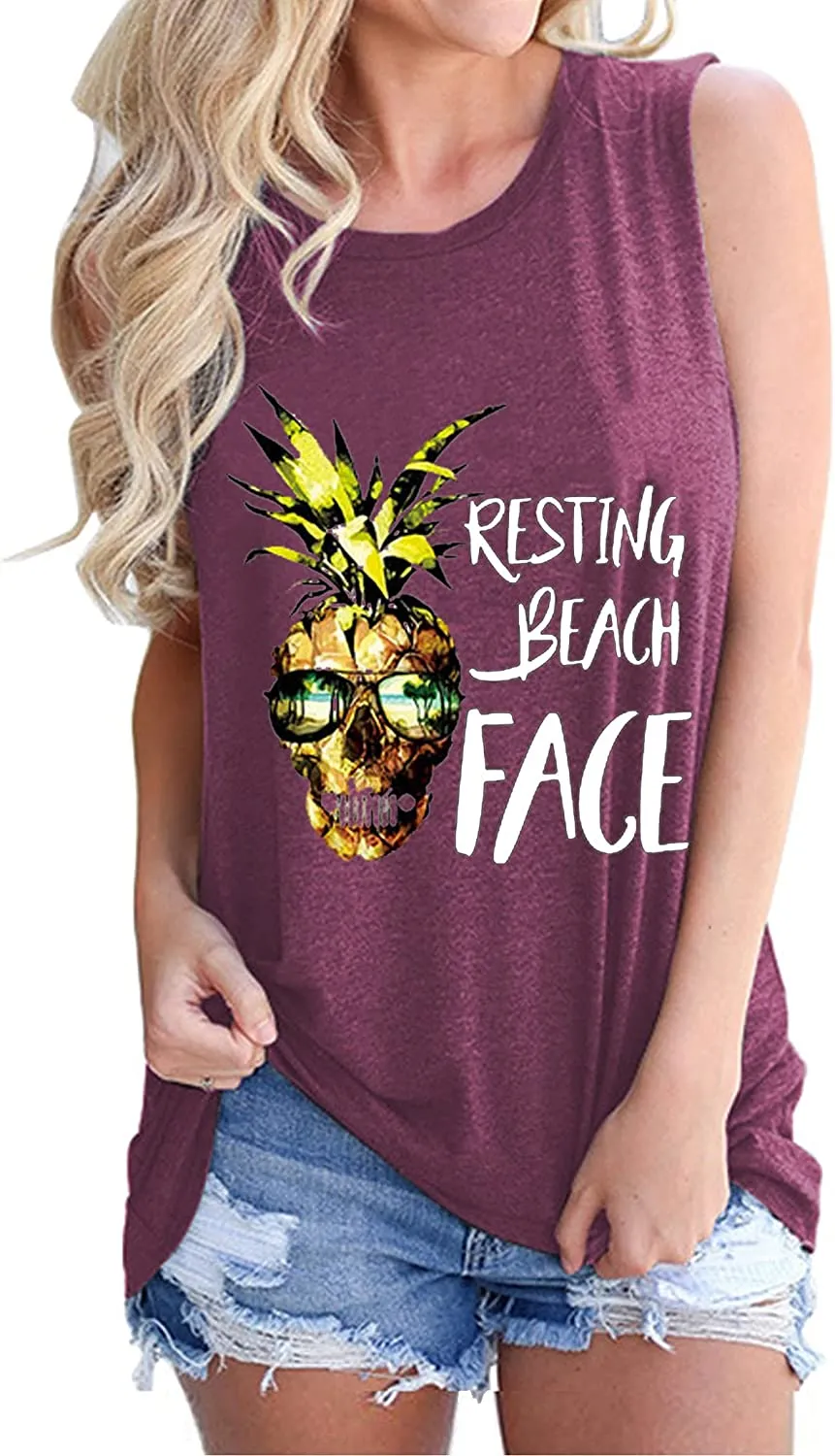 Women Resting Beach Face Shirt Women Pineapple Tank Tops