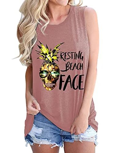 Women Resting Beach Face Shirt Women Pineapple Tank Tops