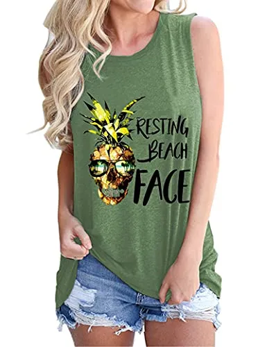 Women Resting Beach Face Shirt Women Pineapple Tank Tops