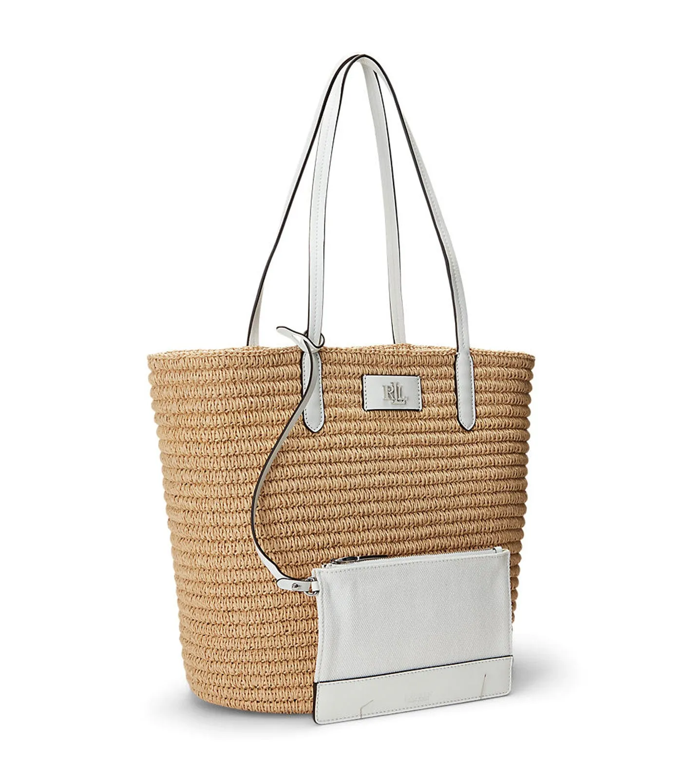 Women's Leather-Trim Straw Large Brie Tote Bag Natural/White