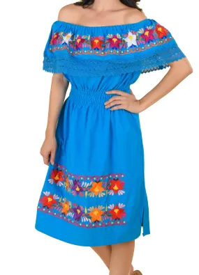 Womens Traditional Embroidered Manta Off Shoulder Dress Floral Loop Blue