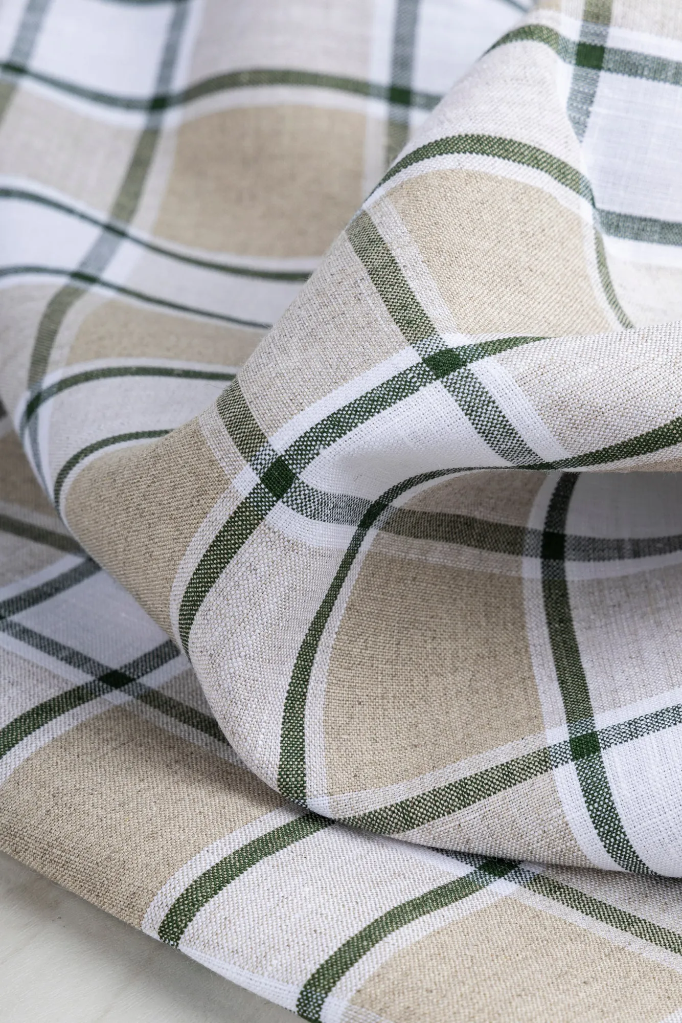 Yarn Dyed Plaid Irish Linen Suiting Deadstock - Beige   Green   White - Swatch